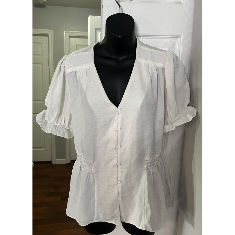 Everleigh Women White Smocked Waist Puff Sleeve V-Neck Blouse Size M